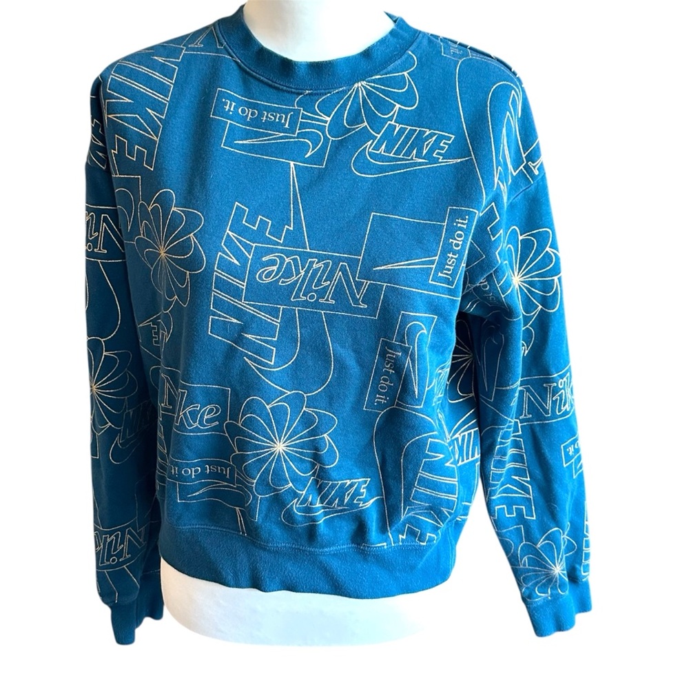 Nike Sweatshirt Women's S Teal Blue w/ Gold Allover Print Icon Clash Pullover